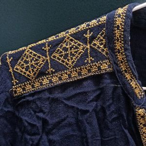 Navy Blue Cotton Top With Thread Embroidery -m/L