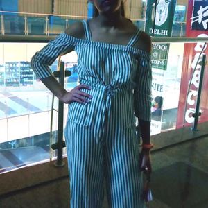 White Striped Stylish Off Shoulder Jumpsuit