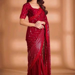 Red Georgette Sequence Saree