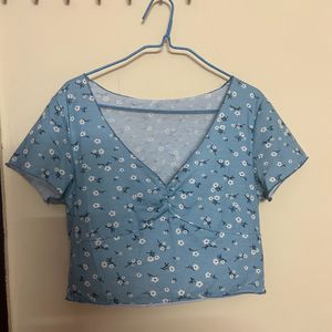 Blue Floral Rushed Crop Top