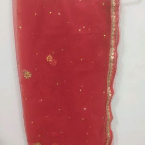 Red Net Dupatta With Four Side N Stone Work