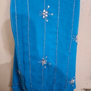 Sequin Blue Saree With Stitched Blouse