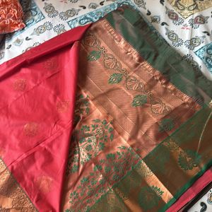 Pink And Green Border Silk Saree