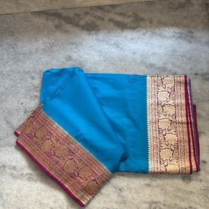 Beautiful Blue Banarasi Saree With Pink Border