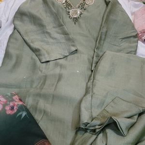 Olive Green Suit With Organza Dupatta