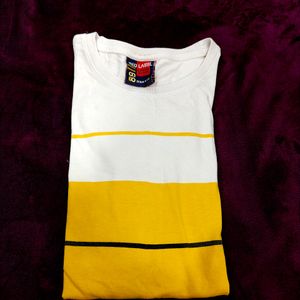 White Tshirt With Yellow And Black Stripe..