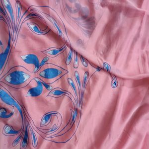 Pink With Blue Fabric Work Synthetic Saree