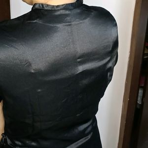 Women Black Satin Chinese Style Side Button Top