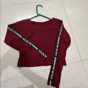 Maroon Fitted Full Sleeve Crop Top