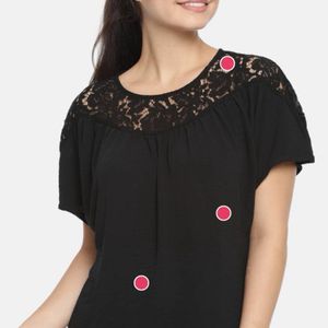 Women Black Solid Top With Lace At Neck