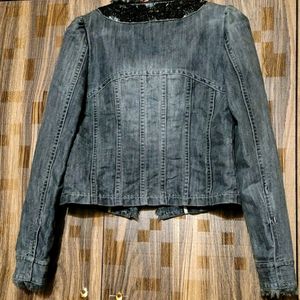 Women Embroidered Beading Cropped Denim Jacket