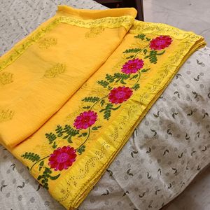 Yellow Saree With Embroidery Design
