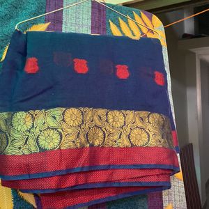 Cotten Saree Dark Blue Golden Work Red Border Red Flower Printed Work