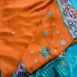 Embroidered Embellished Coral Turquoise Sari