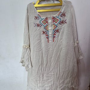 Multicolour Embroidery Kurta With Pompom