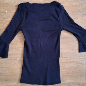 Korean Style Black Ribbed Flared Sleeves Top