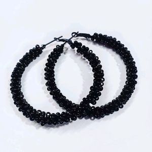 Black Beaded Hoop Earrings (Handmade)