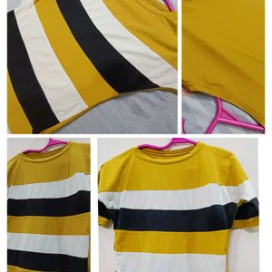 Casual Yellow And Black Strip|Round Neck Crop Top|