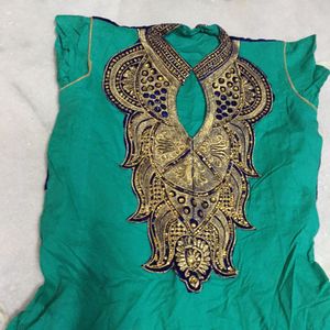 Designer Sea Green Cotton And Velvet Kurti