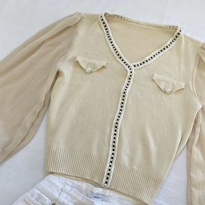 Co Ord Beige Cardigan Skirt Set