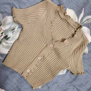 Beige Korean Ribbed Crop Top