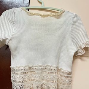 Lace Border Off White Crop Top