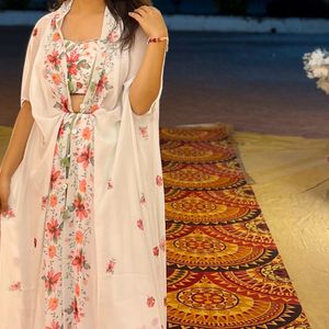 3 Piece Traditional Wear White Floral Print Dress