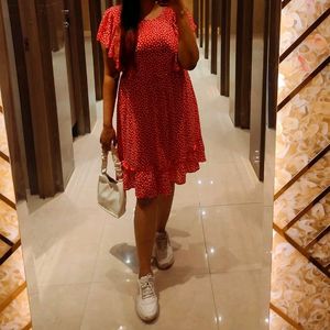 Aesthetic Red Dot Ruffled Sleeve Dress