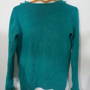 Floral Neck Design Blue Sweatshirt For Women.