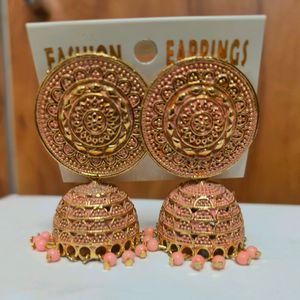 Light Pink And Golden Ethnic Jhumka Earrings