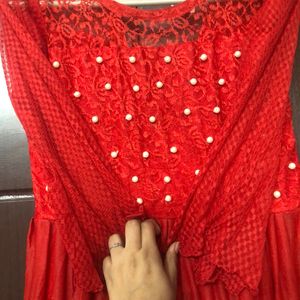 Hot Red Net Frock With Pearls Work