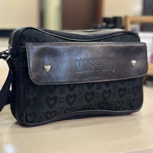 Auth Moschino Black Leather Messenger Bag