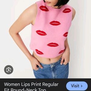 Women Lips Print Pink Top