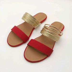 Red And Gold Flat Sandals.