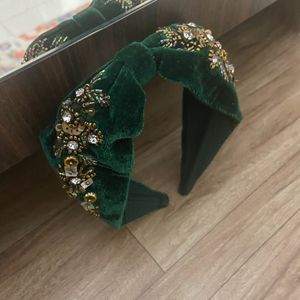 Green Embellished Velvet Headband