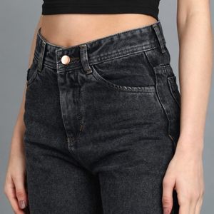 women straight fit high rise black jeans