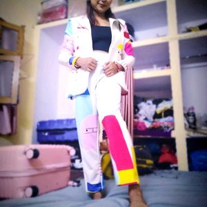 White Multi Blazer Set For Girls