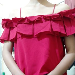 Red strapless ruffled top