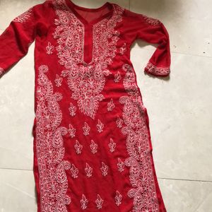 Straight Fit Chicken Work Red Kurti