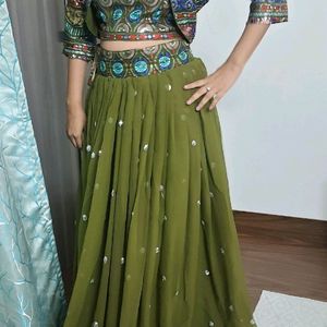 Mehndi Colour Crop Top Skirt With Jacket