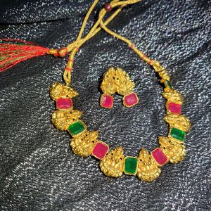 Temple Jewellery Set With 1 Pair Stone Jhumka