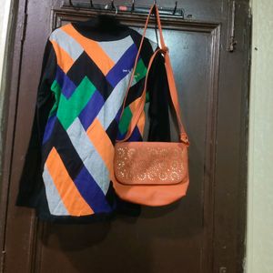 Buy Women Vibrant Multi Winter Sweater And Bag Fre