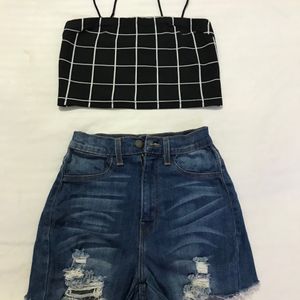 Denim Shorts And Strapy Crop Top Xs