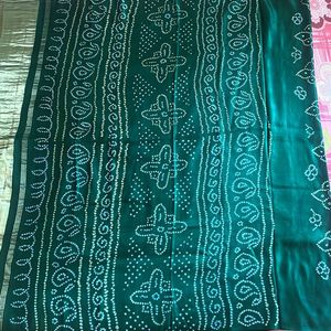 Bottle Green Silk Satin Bandhini With Zari Palu