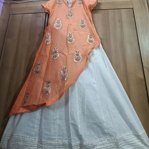 Orange & Off White Ethnic Gown (1 Piece Dress)