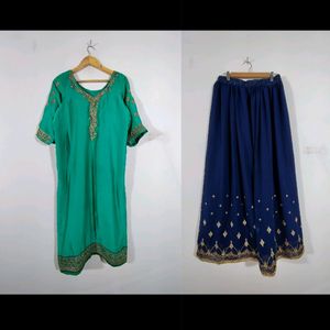 Sea Green And Navy Blue Kurta Set (Women's)