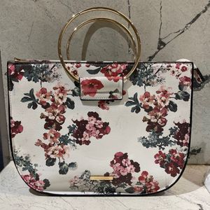 White And Floral Handbag With Gold Handle