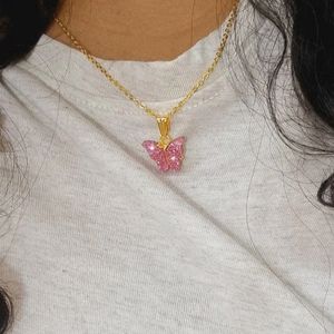 Pink Butterfly Pendant With Chain