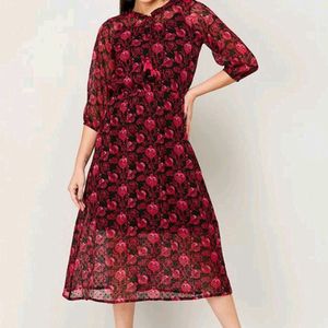 Melange Red Printed A-line Detachable Ethnic Dress