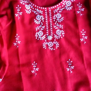 Red Kurti Chikankari Embroidery